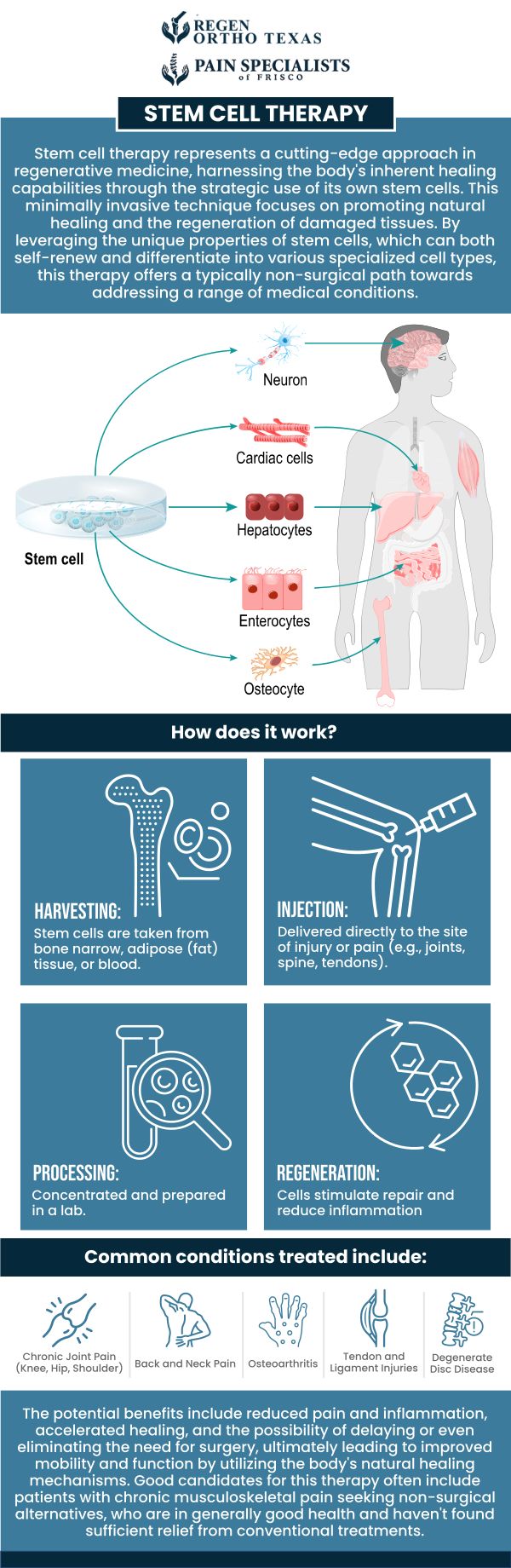 We offer advanced musculoskeletal regenerative medicine therapy as we are a Regenexx affiliate clinic. We use bone marrow concentrate which contains stem cells and PRP to help osteoarthritis or wear-and-tear arthritis of hips, shoulders, and other joints including hand joints. These cells have the capacity to lower inflammation and help with repair. Please see the Regenexx database to see the exciting outcome data. For more information, contact us or book an appointment online. We have convenient locations in Frisco and Fort Worth TX. We offer advanced musculoskeletal regenerative medicine therapy as we are a Regenexx affiliate clinic. We use bone marrow concentrate which contains stem cells and PRP to help osteoarthritis or wear-and-tear arthritis of hips, shoulders, and other joints including hand joints. These cells have the capacity to lower inflammation and help with repair. Please see the Regenexx database to see the exciting outcome data. For more information, contact us or book an appointment online. We have convenient locations in Frisco and Fort Worth TX.